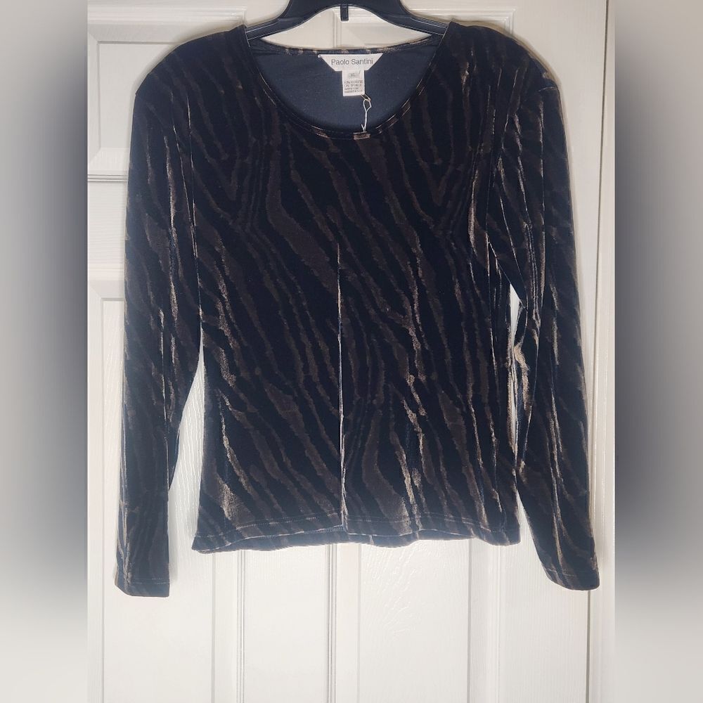 Vtg Paolo Santini XL Peanut Brown Black  Velvet Lngslv Women’s Top Sweater New